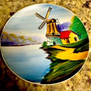 Vintage plate Hand painted with windmill design. From 1950s.